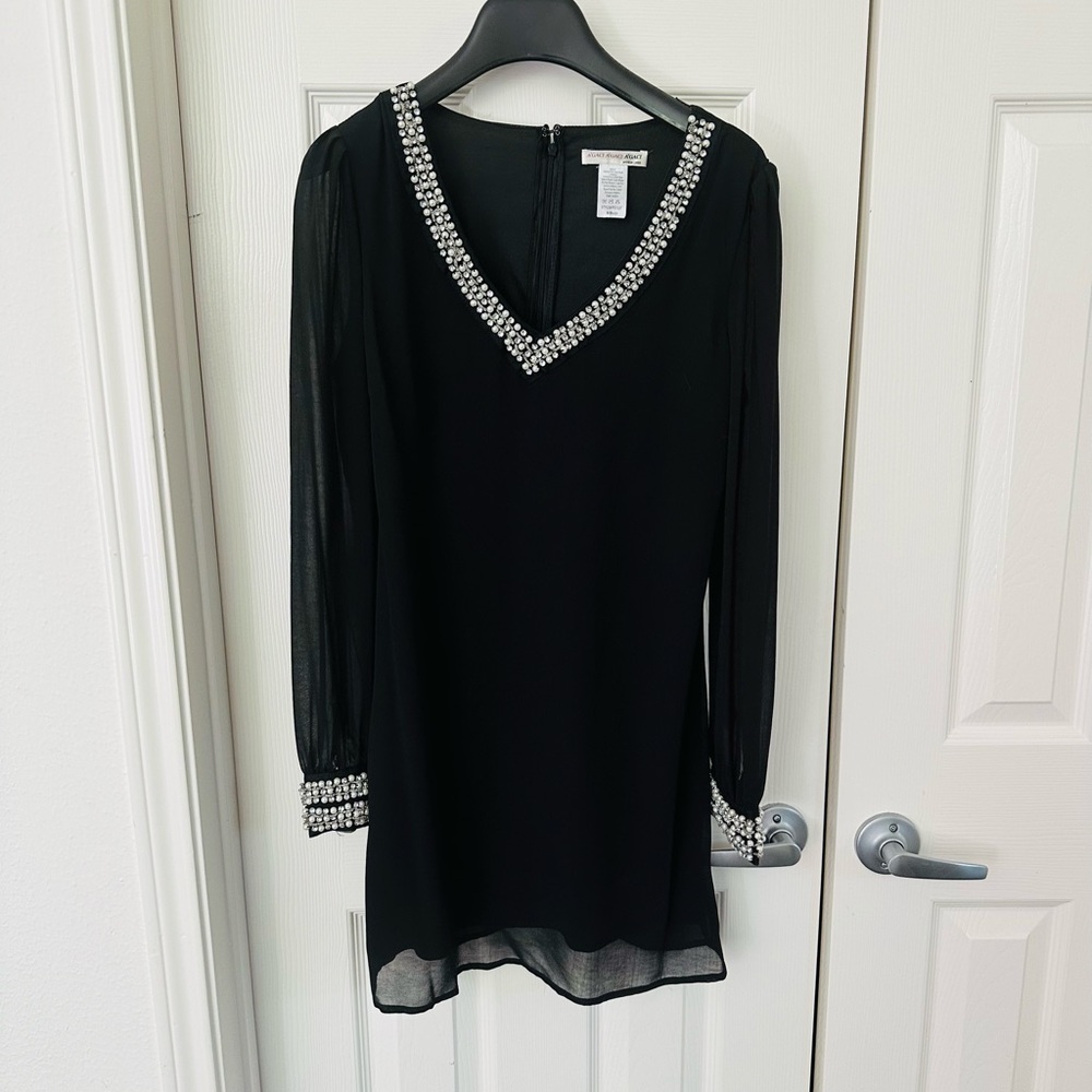 Black Beaded Long Sleeve Mini Cocktail Dress